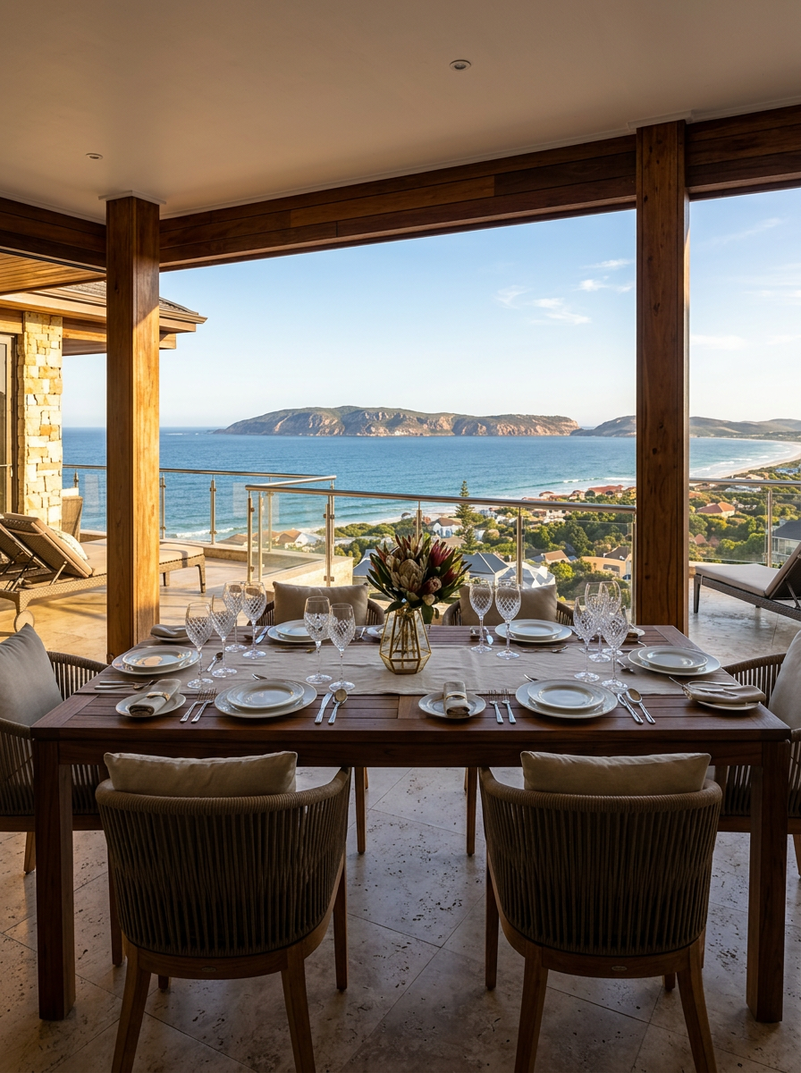 Dining table overlooking the ocean with Robberg Mountain in the distance, Plettenberg Bay